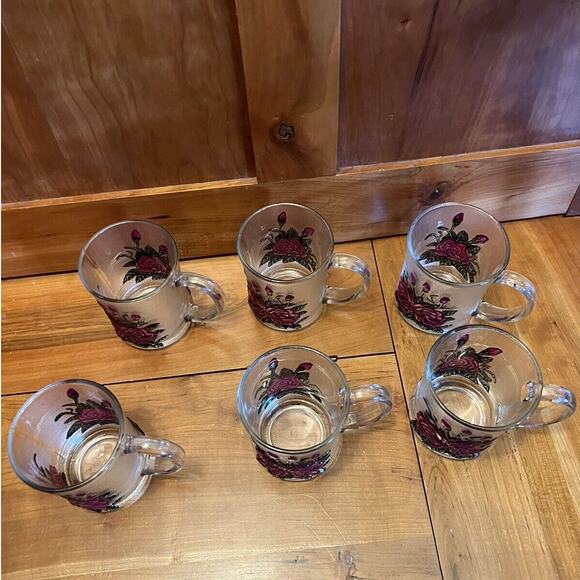 Pasari Frosted Pressed Glass Red Rose Hand Painted Mugs Set of 6 - Picture 4 of 7